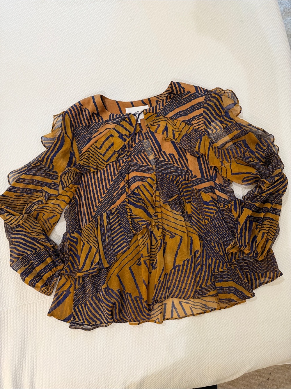 ba&sh Mustard and Black Printed Ruffle Blouse